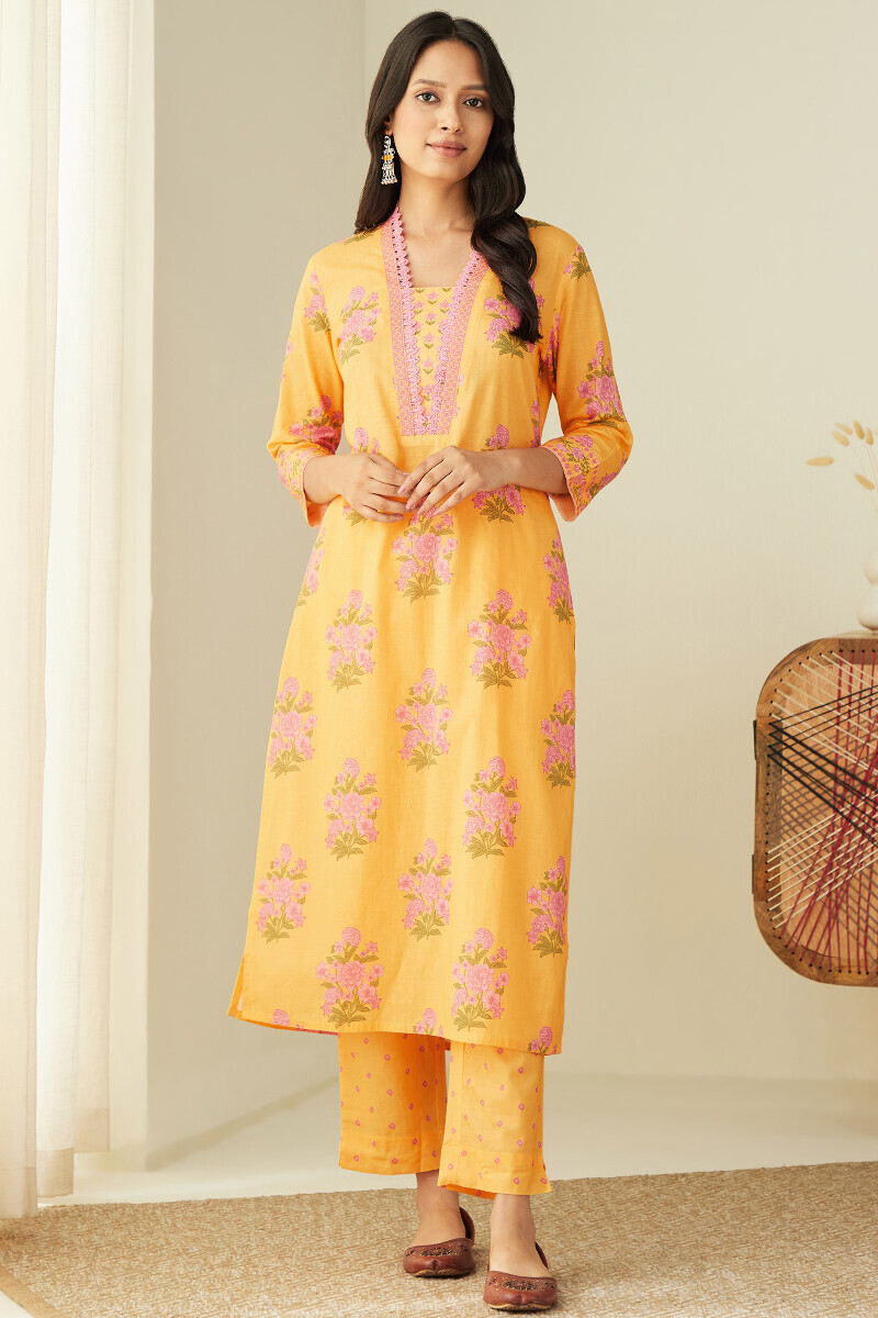 Yellow Printed Straight Cotton Kurta