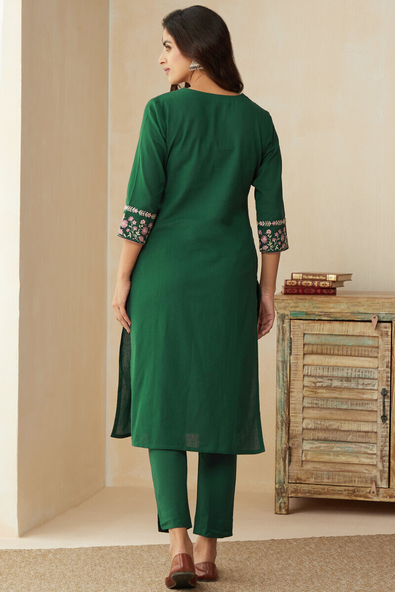 Green Handcrafted Straight Cotton Kurta