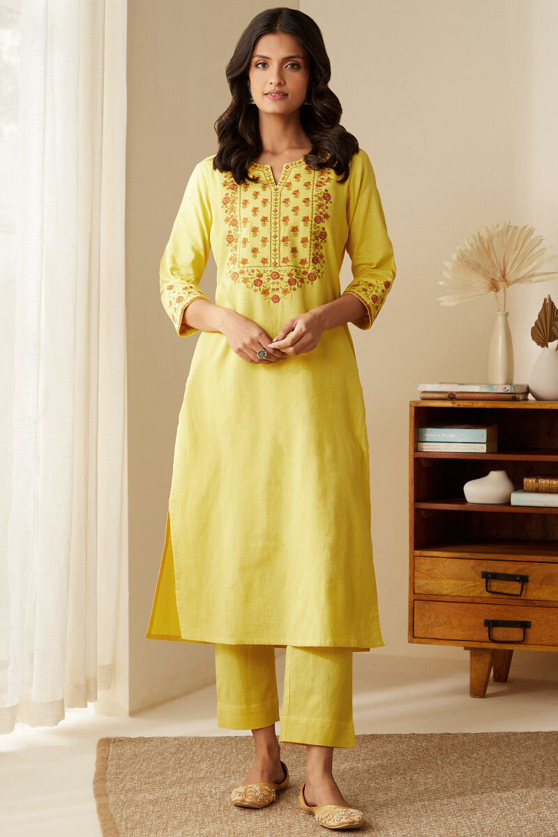 Yellow Handcrafted Straight Cotton Flax Kurta