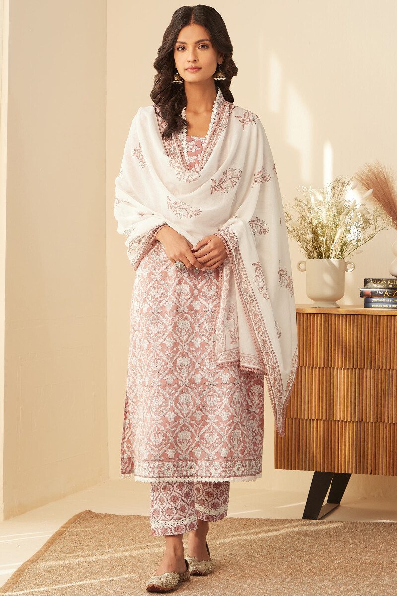 Pink Hand Block-Printed Straight Cotton Kurta