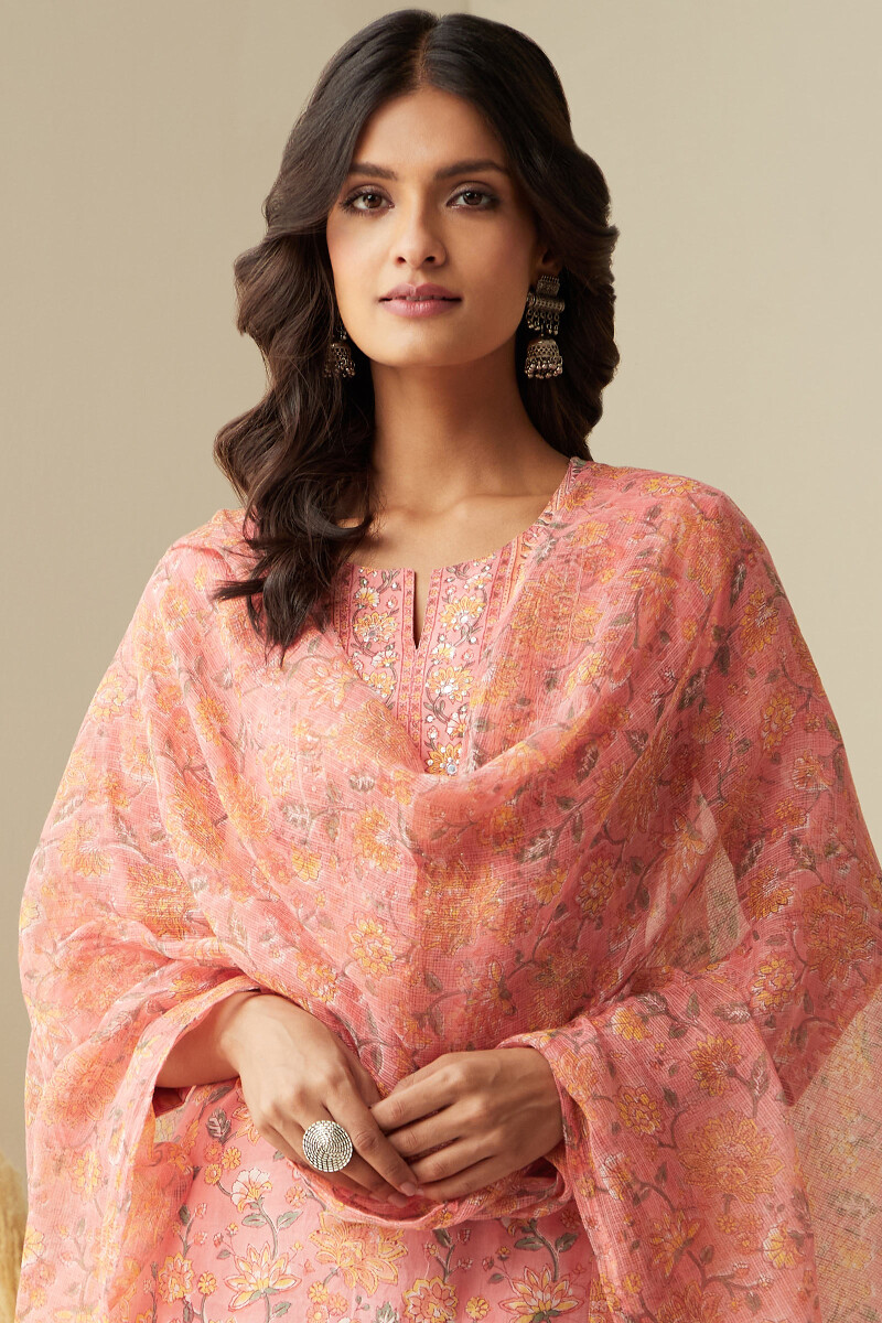 Peach Hand Block-Printed Kota Dupatta