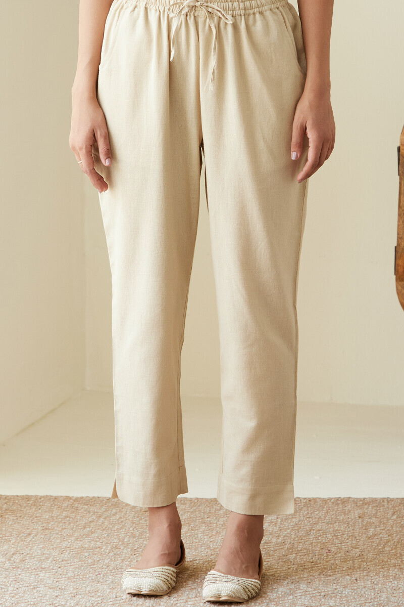 Beige Handcrafted Cotton Flax Narrow Pants