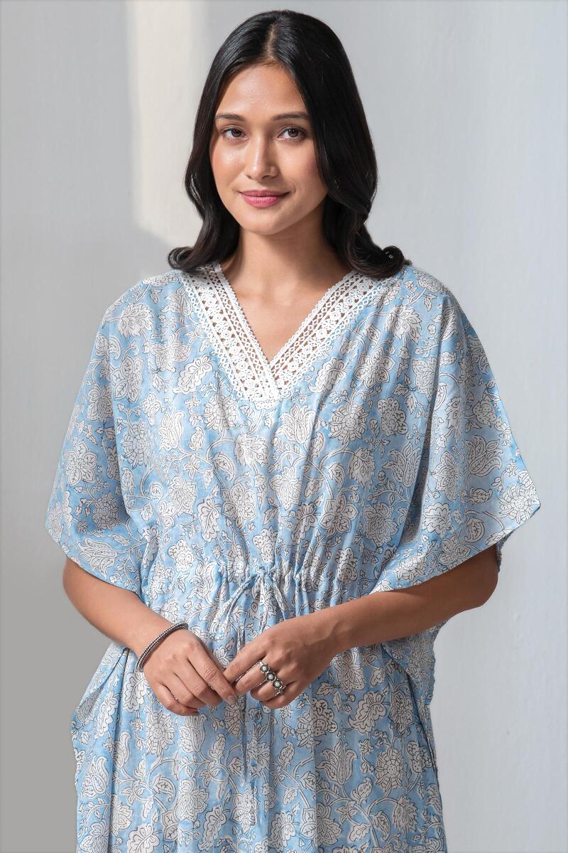 Blue Block Printed Cotton Kaftan