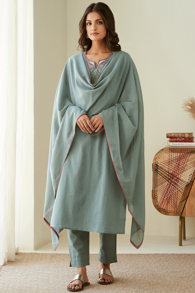 Blue Handcrafted Straight Cotton Flax Kurta