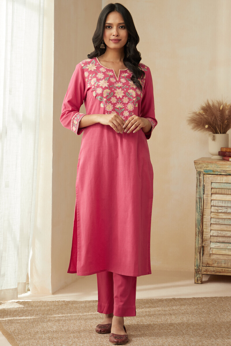 Pink Handcrafted Straight Cotton Flax Kurta