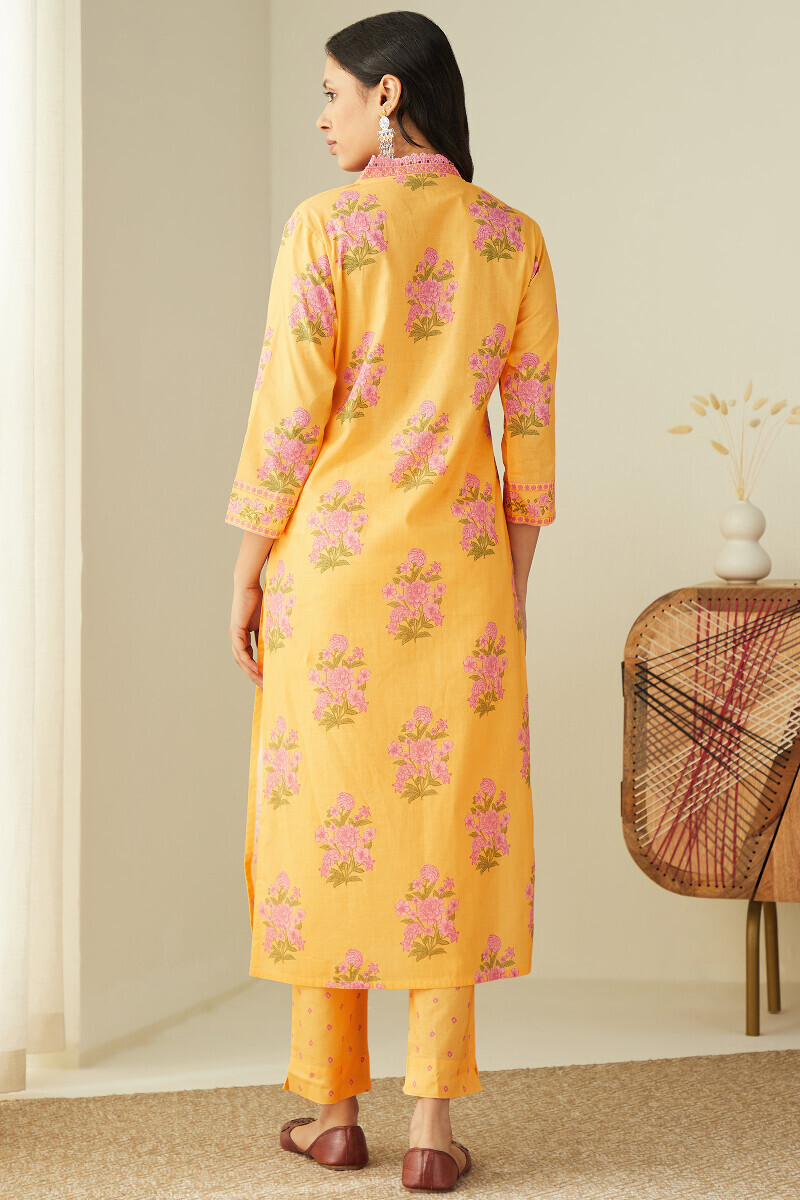 Yellow Printed Straight Cotton Kurta