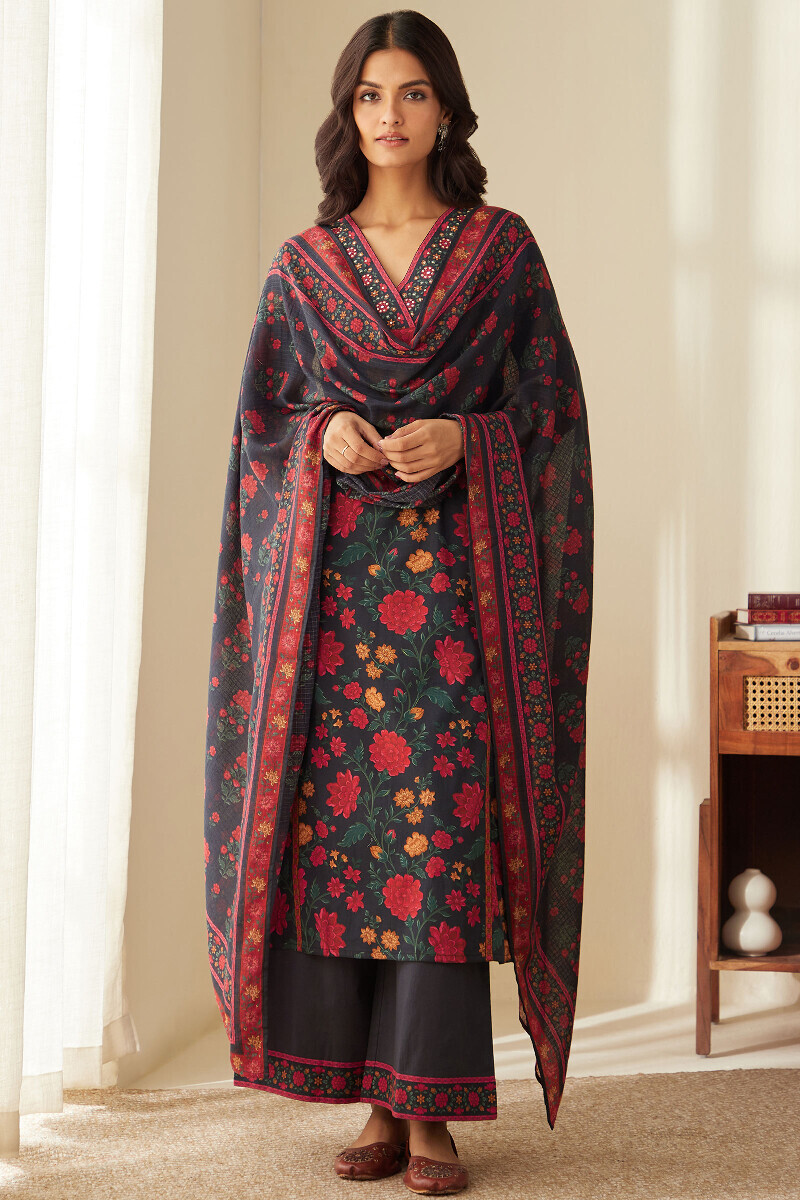 Black Printed Straight Cotton Kurta