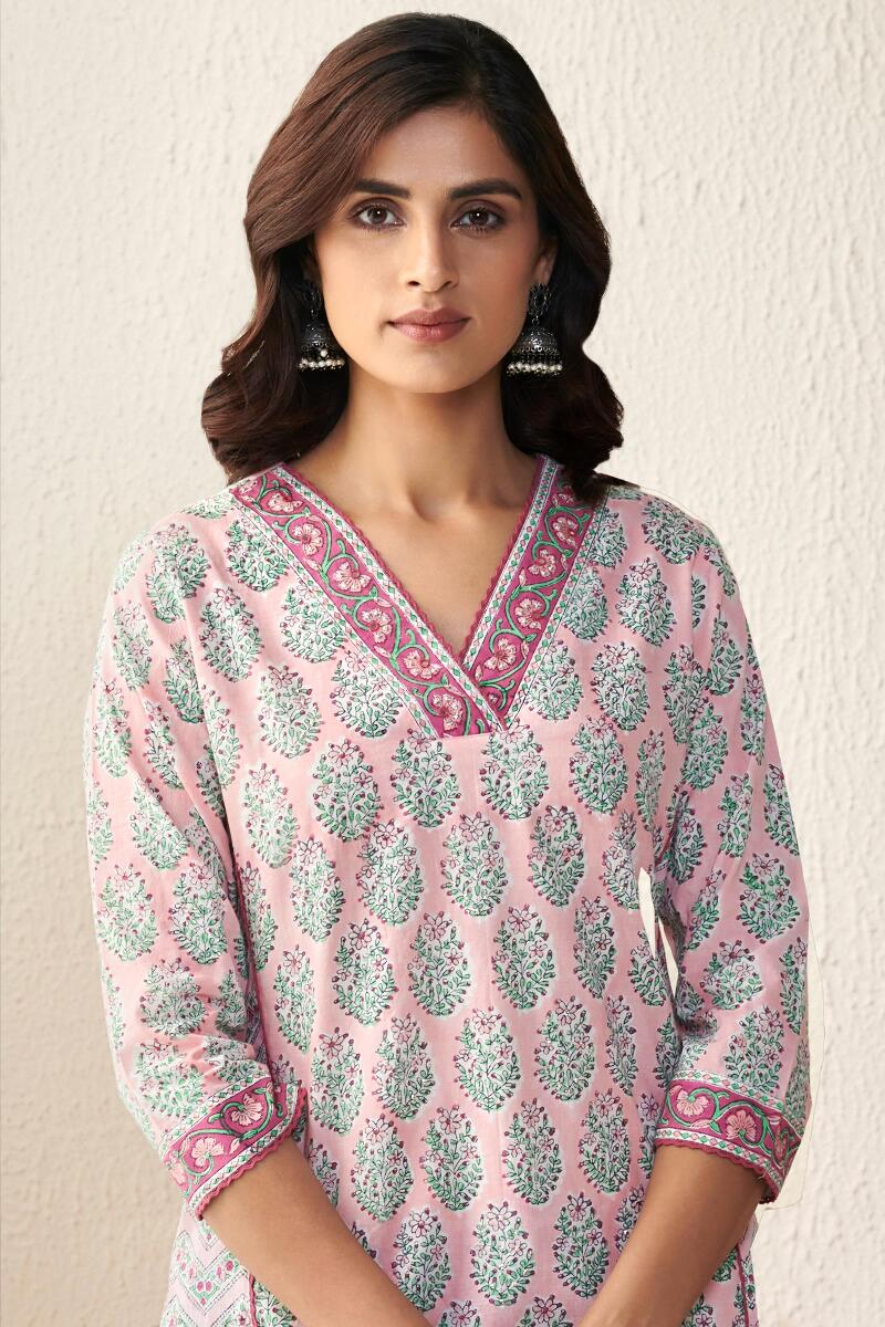 Pink Block Printed Straight Cotton Kurta