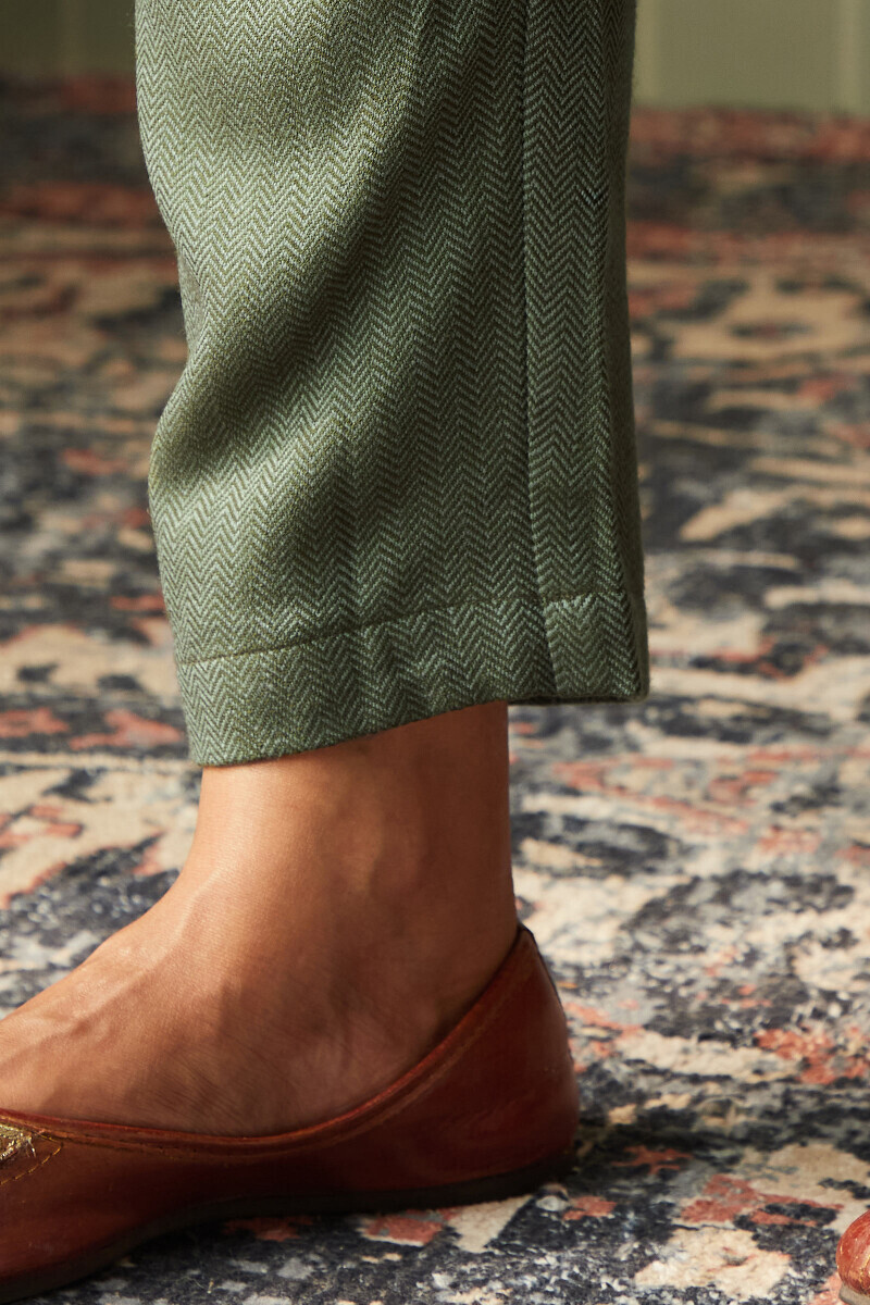 Green Handcrafted Faux Wool Narrow Pants