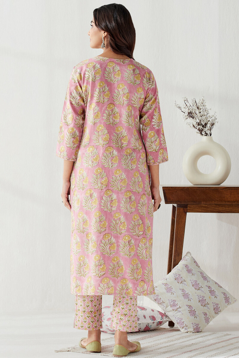 Pink Hand Block Printed Cotton Flax Kurta