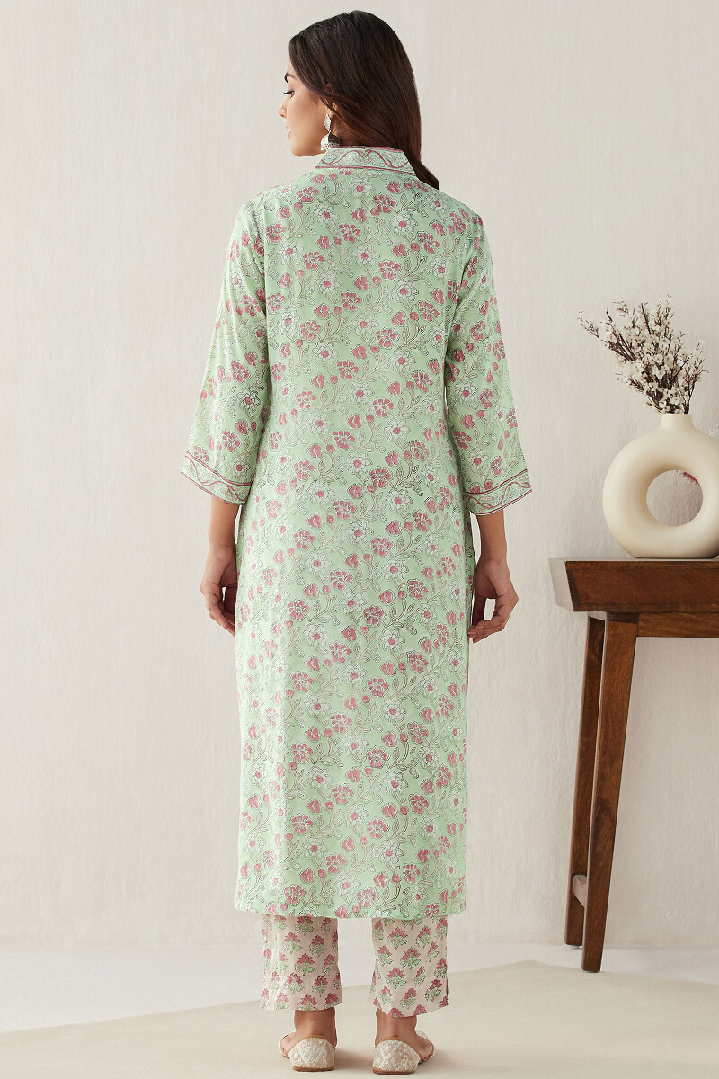 Green Hand Block Printed Straight Modal Kurta