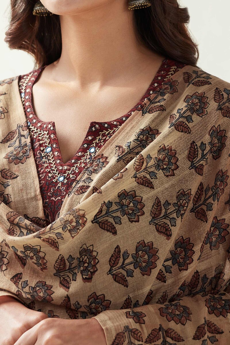 Beige Hand Block Printed Cotton Dobby Dupatta