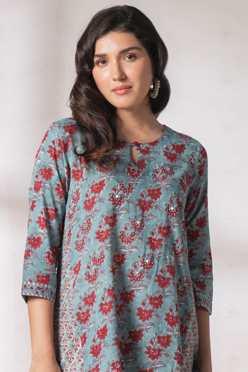 Turquoise Block Printed A-Line Cotton Kurta