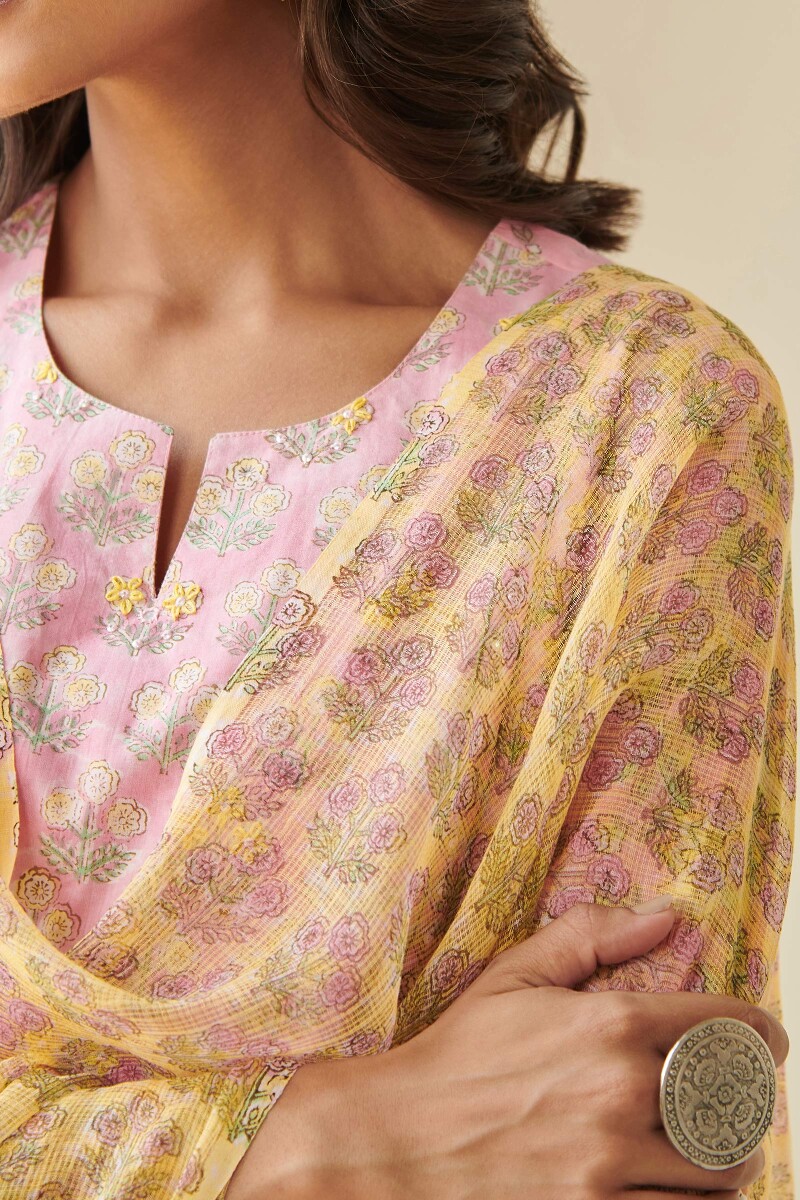 Yellow Hand Block Printed Kota Dupatta