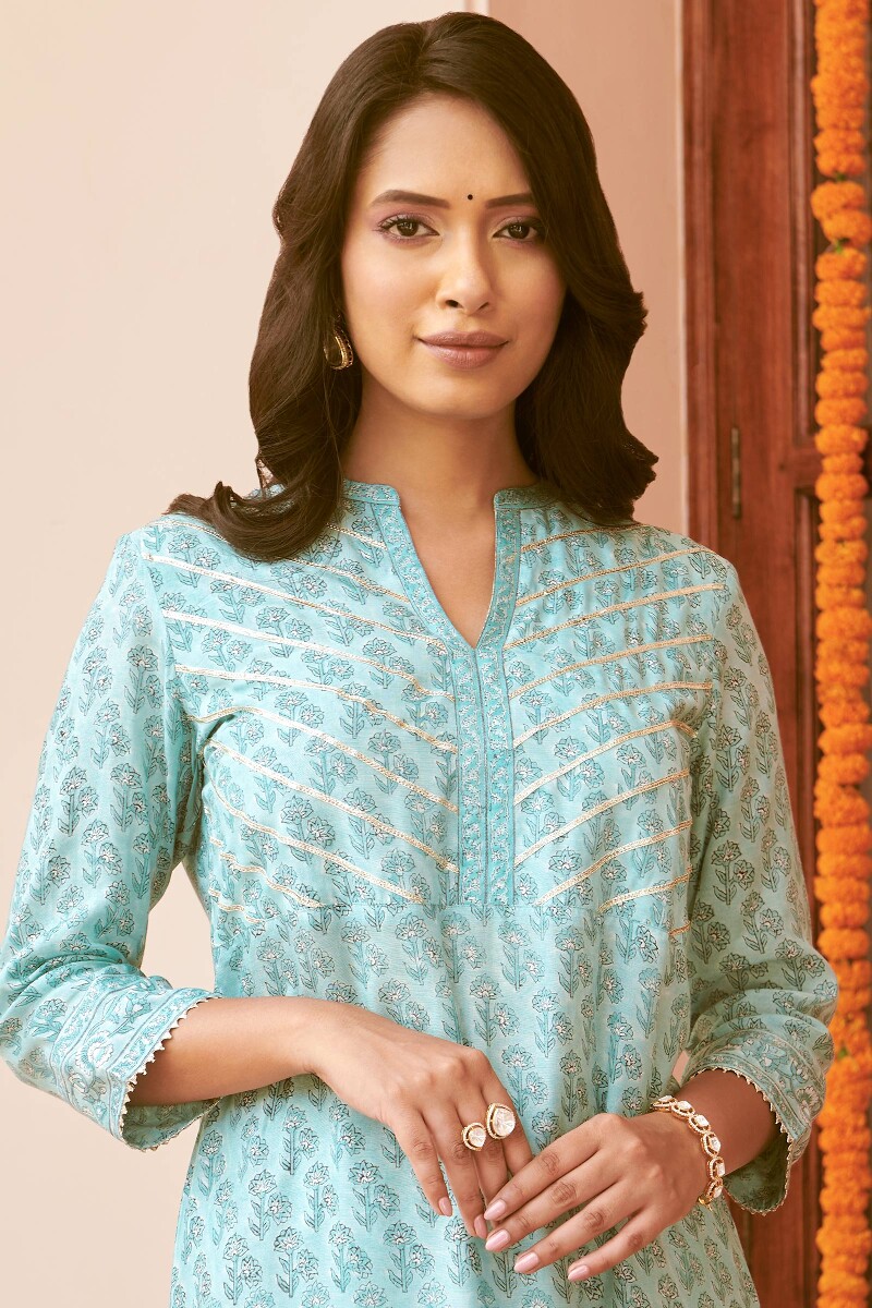 Blue Hand Block-Printed Straight Viscose Kurta