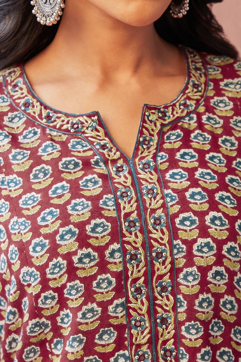 Red Hand Block-Printed Straight Viscose Kurta