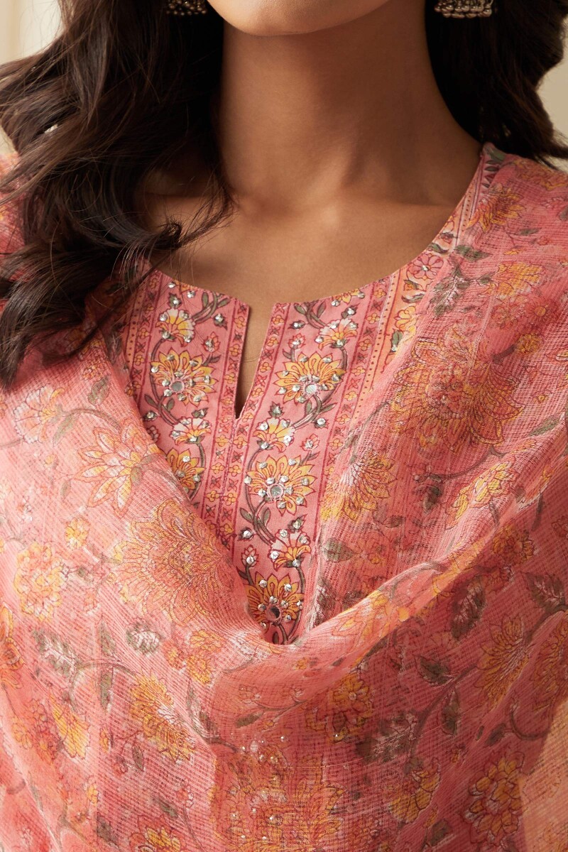 Peach Hand Block-Printed Kota Dupatta