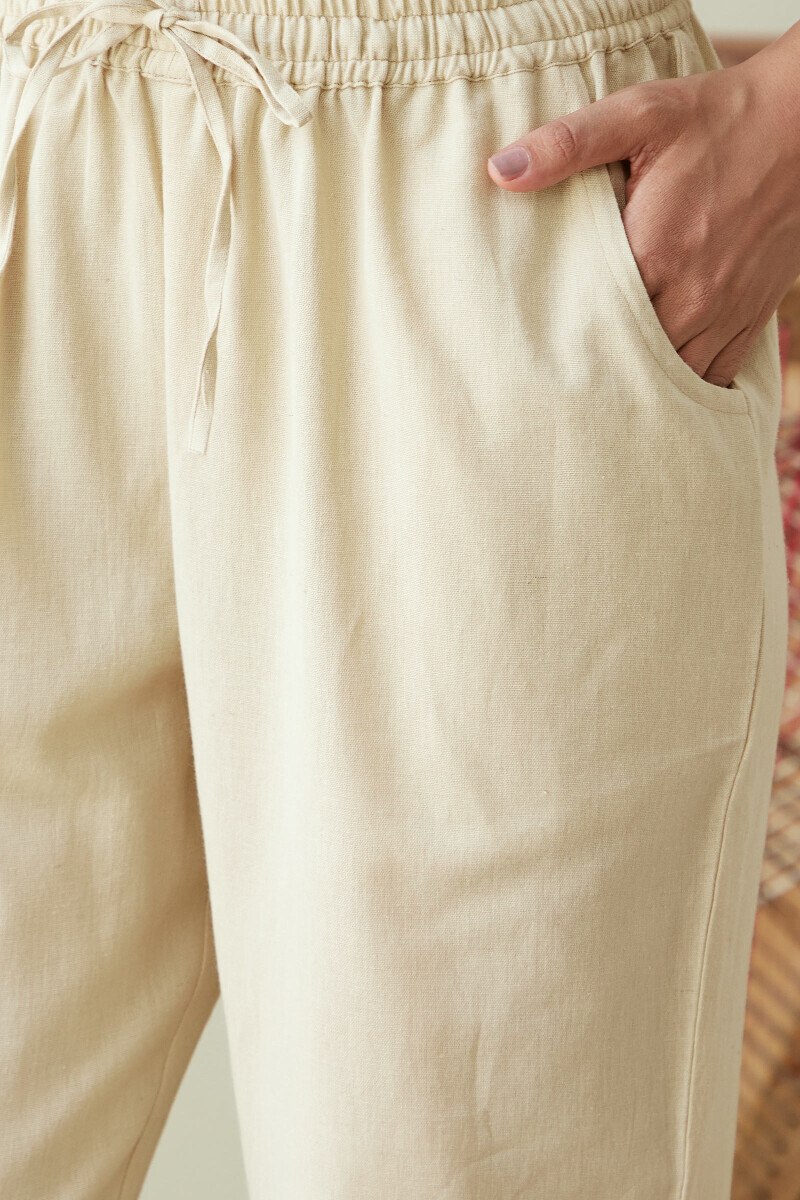 Beige Handcrafted Cotton Flax Narrow Pants