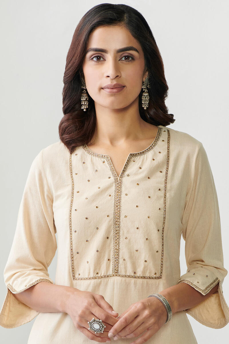 Beige Handcrafted Straight Cotton Kurta