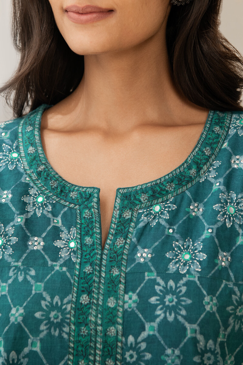 Turquoise Blue Hand Block Printed Cotton Top