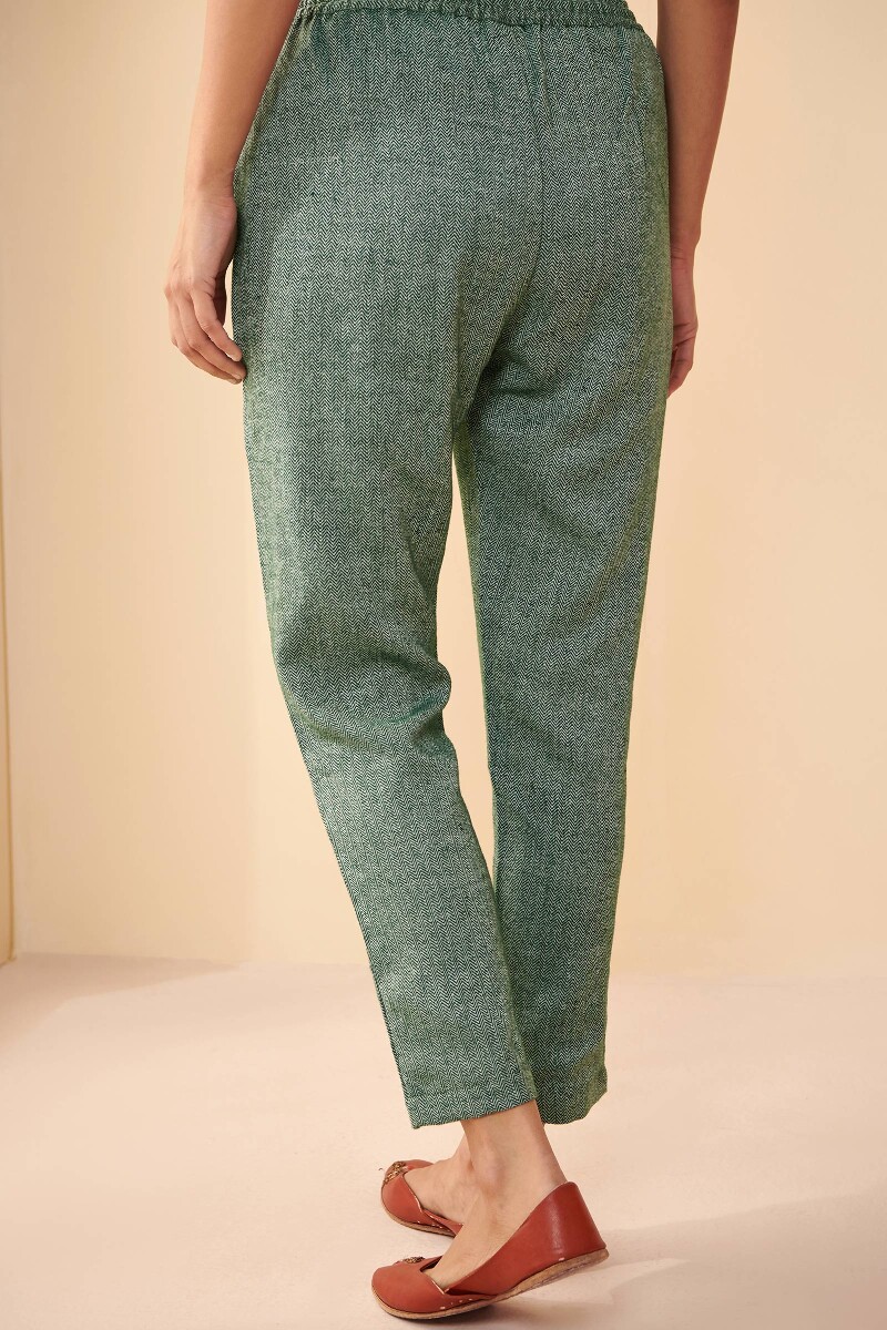 Green Handcrafted Faux Wool Narrow Pants