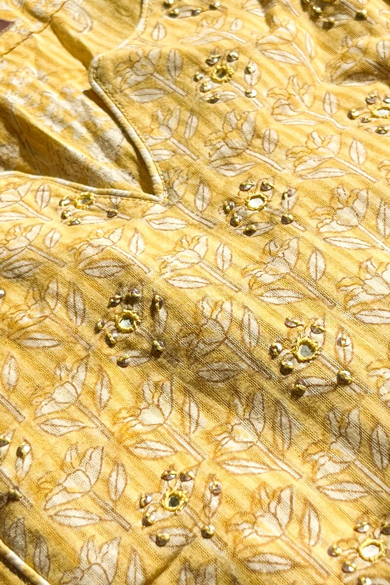 Yellow Hand Block Printed Straight Cotton Dobby Kurta