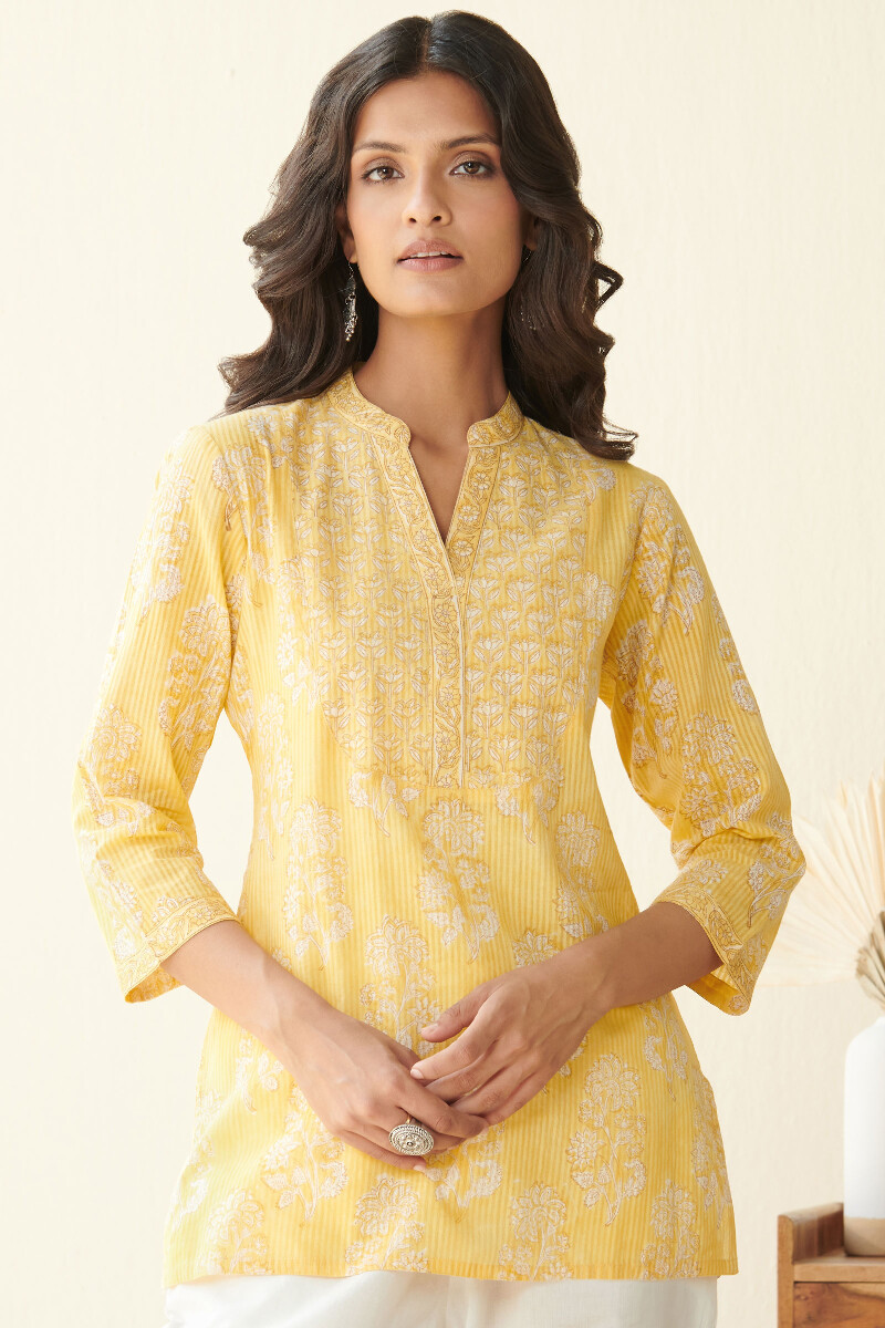 Yellow Hand Block Printed Cotton Dobby Top