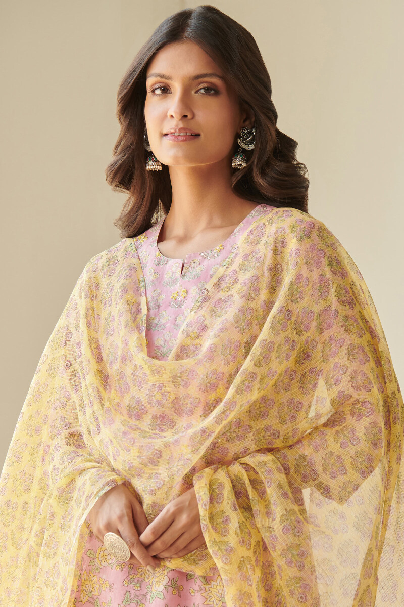 Yellow Hand Block Printed Kota Dupatta