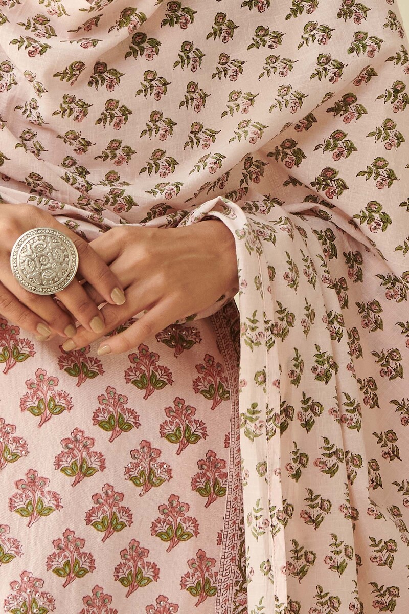 Pink Block Printed Cotton Slub Dupatta