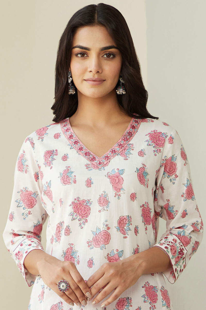 White Hand Block-Printed Straight Cotton Kurta