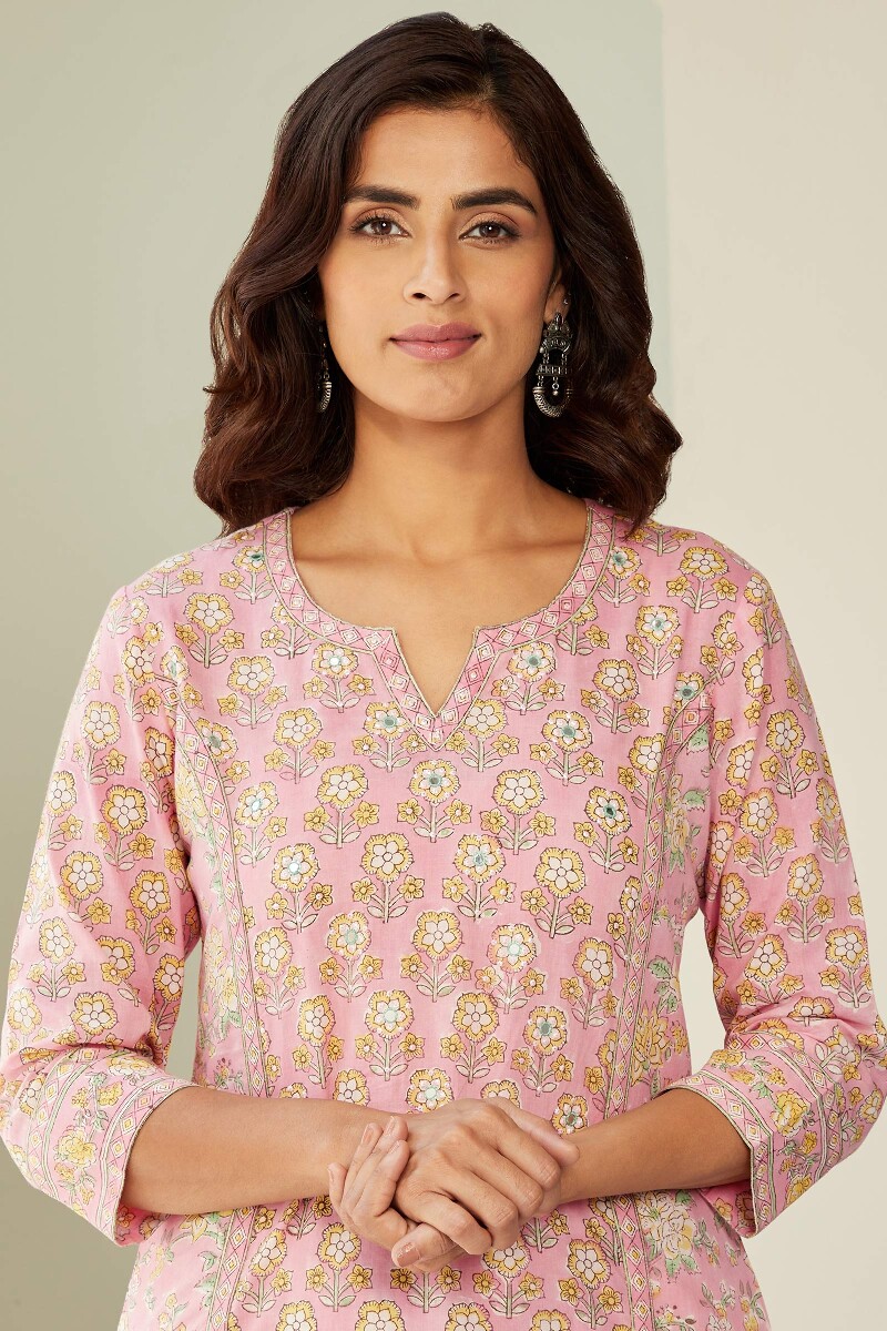 Pink Hand Block-Printed Straight Cotton Kurta