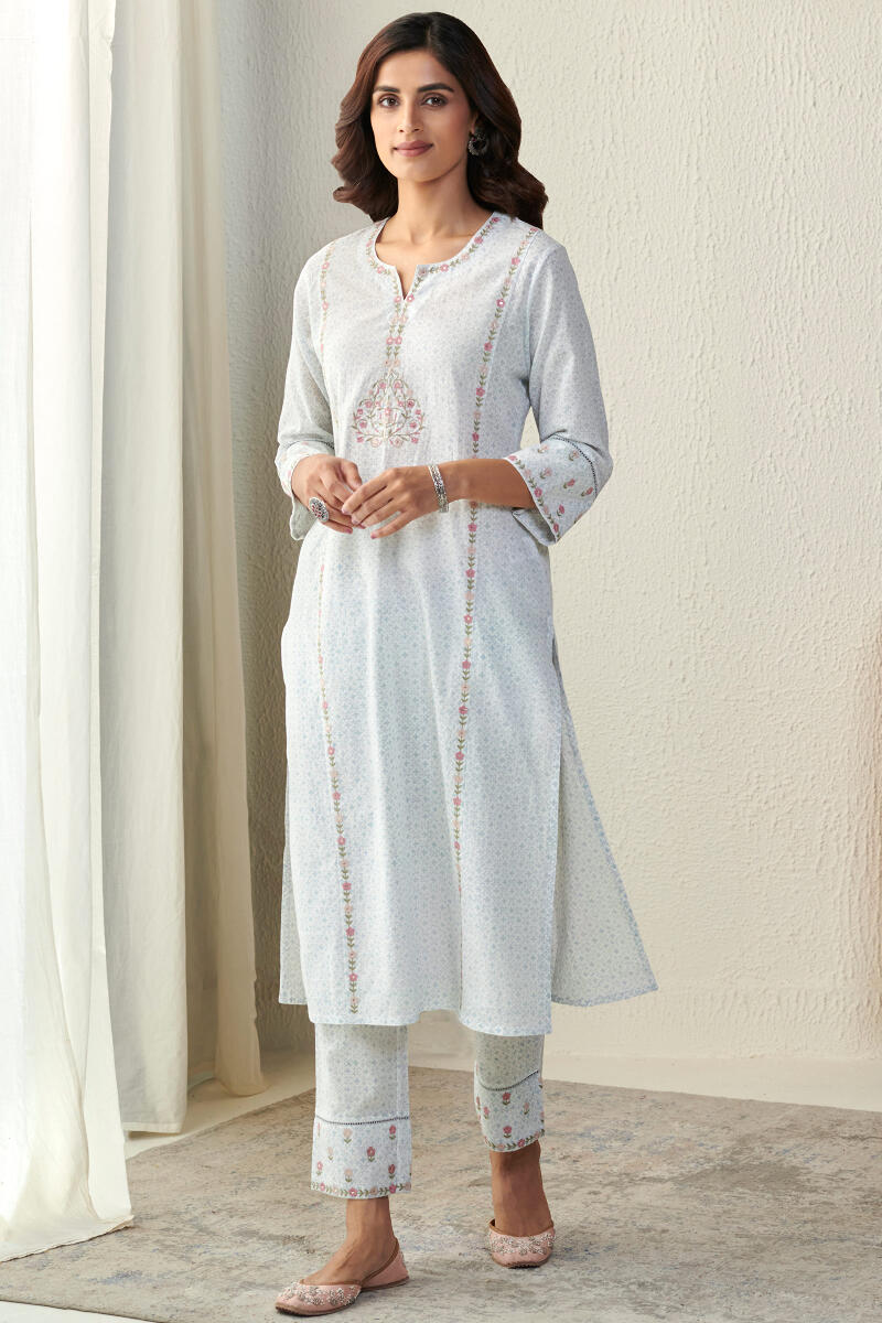 Grey Hand Block Printed Straight Cotton Kurta