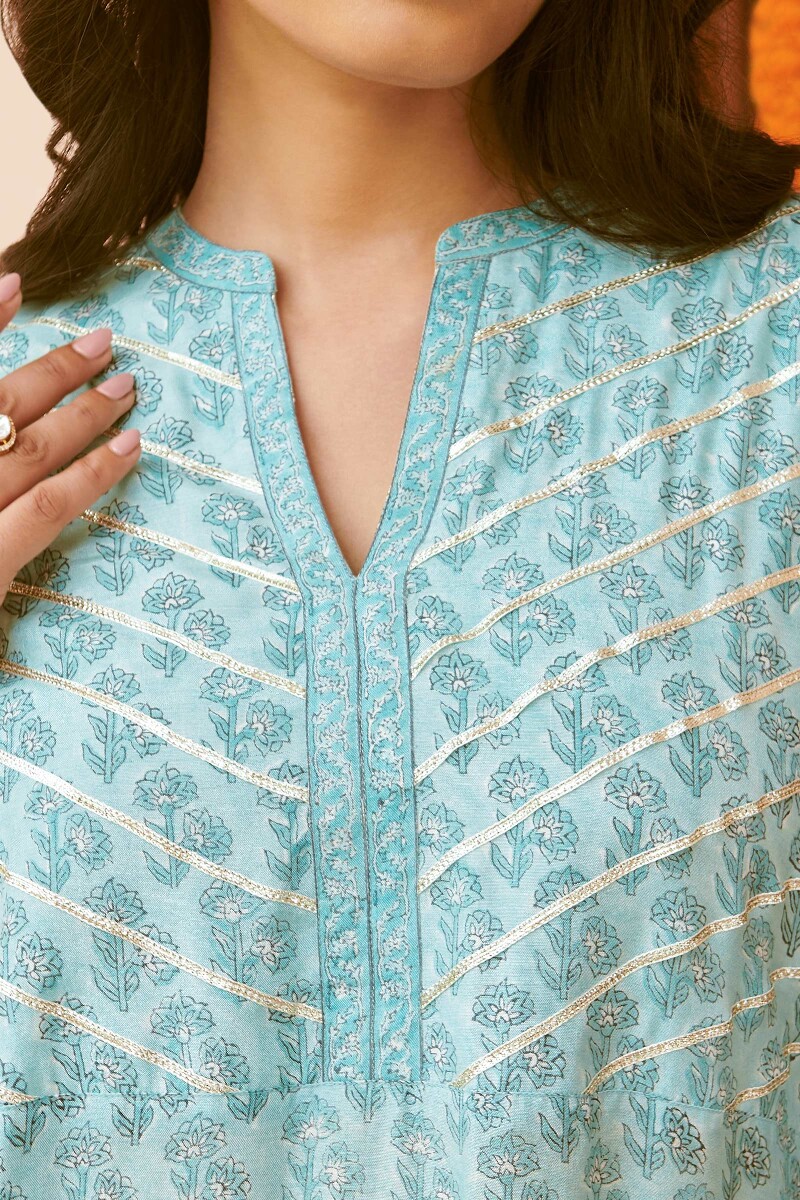 Blue Hand Block-Printed Straight Viscose Kurta