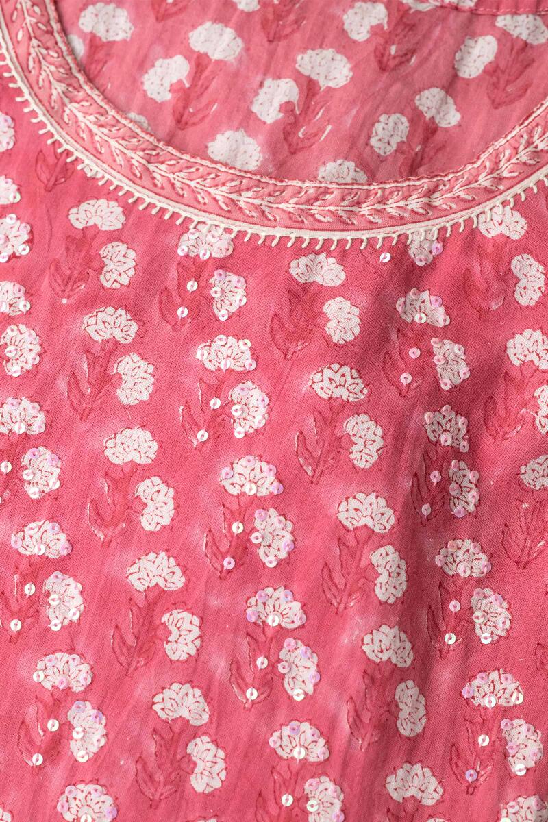 Pink Hand Block Printed A-Line Cotton Kurta