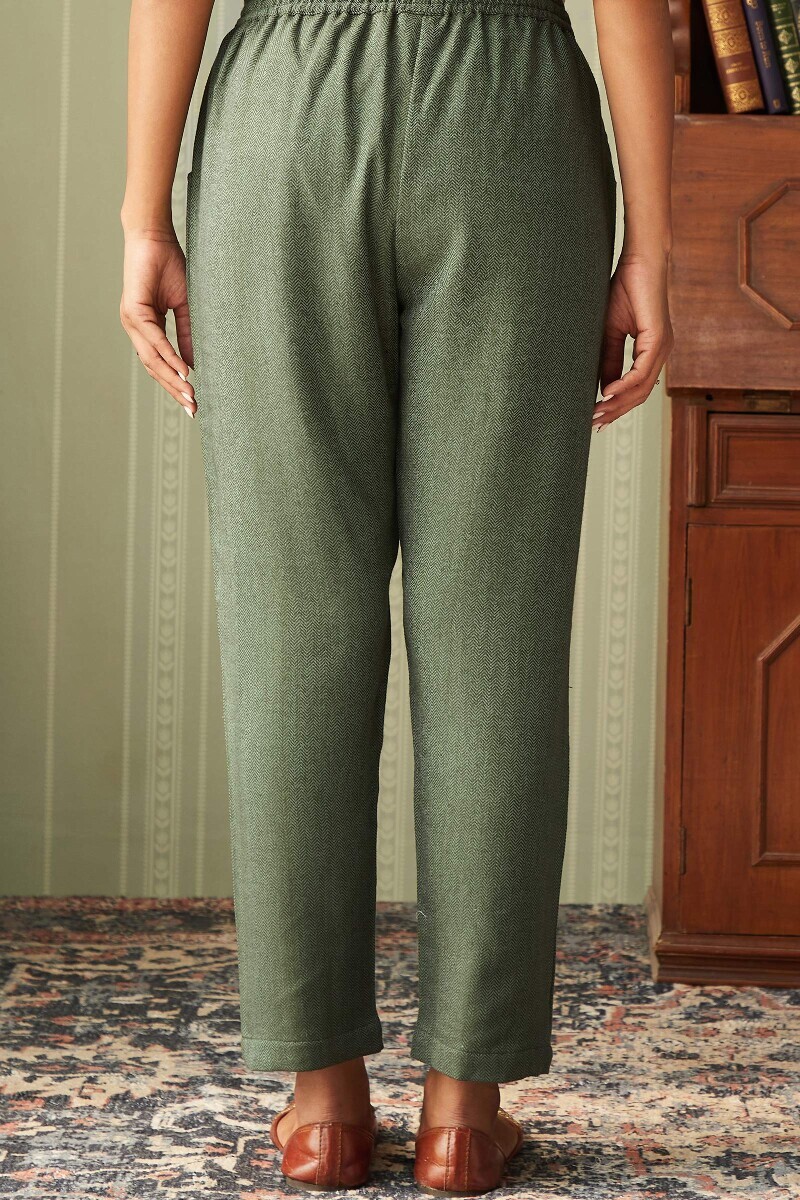 Green Handcrafted Faux Wool Narrow Pants