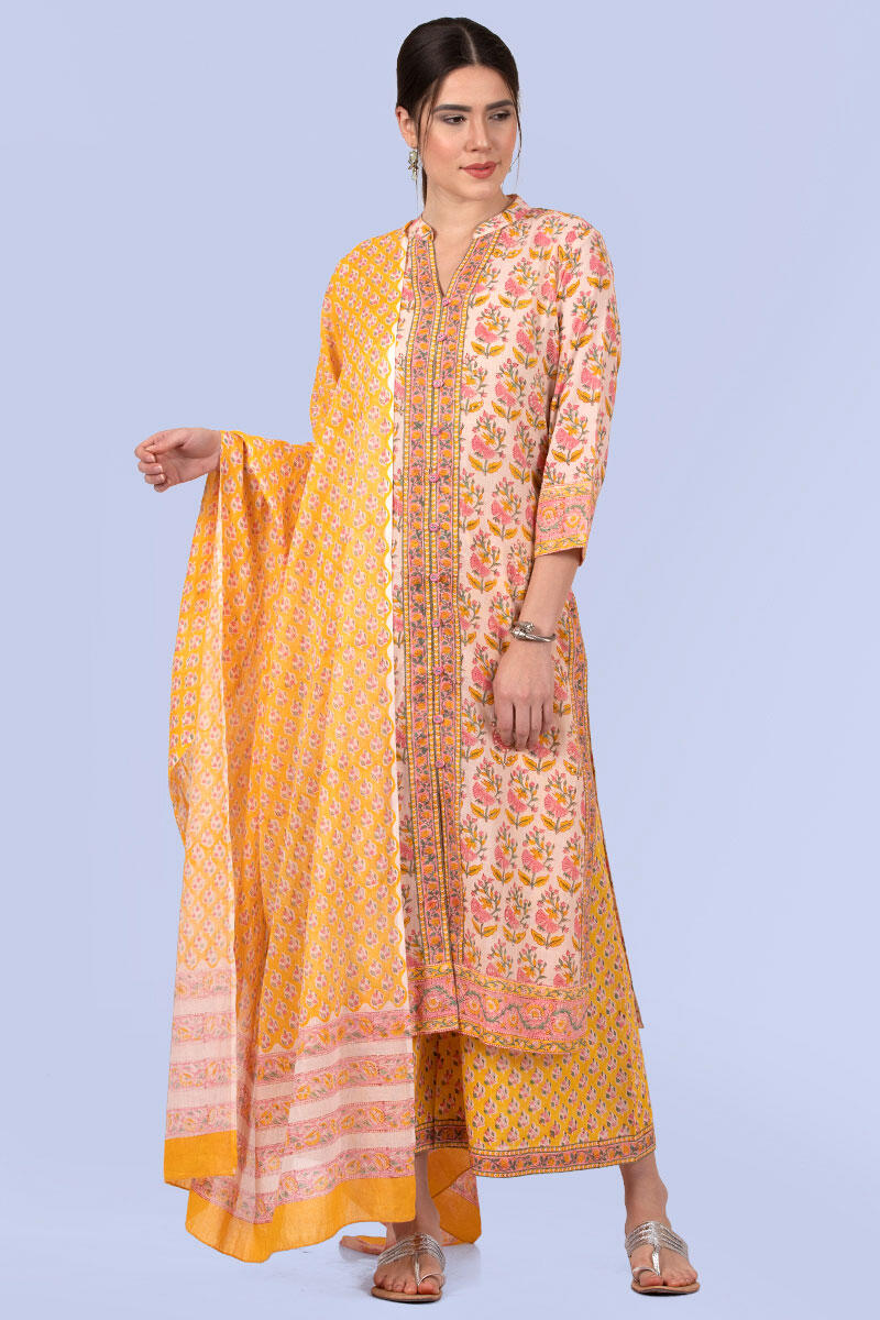 Yellow Block Printed Cotton Dupatta