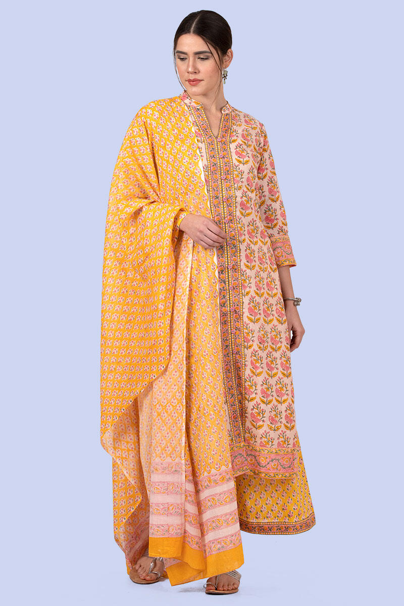 Yellow Block Printed Cotton Dupatta