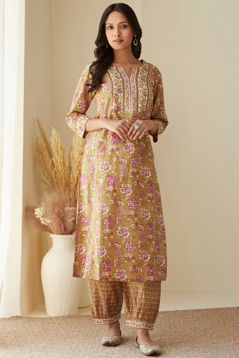 Mustard Hand-Printed Straight Cotton Slub Kurta