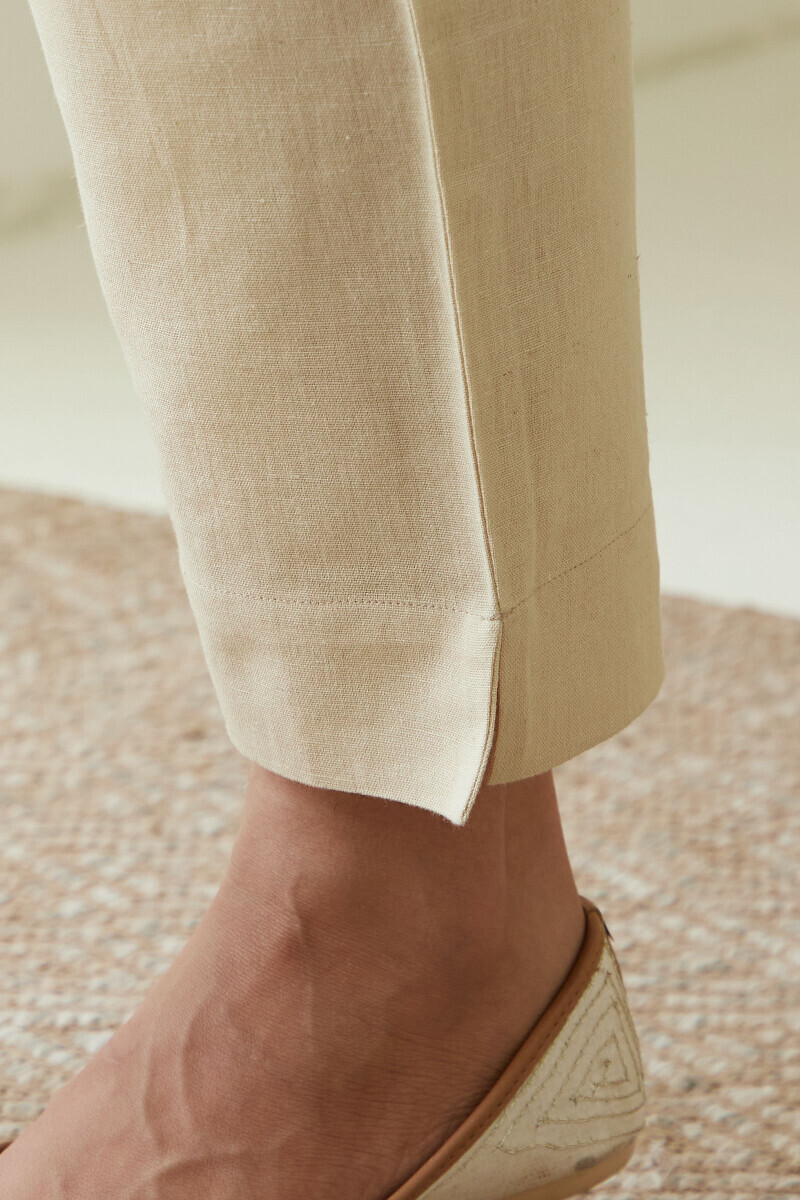 Beige Handcrafted Cotton Flax Narrow Pants