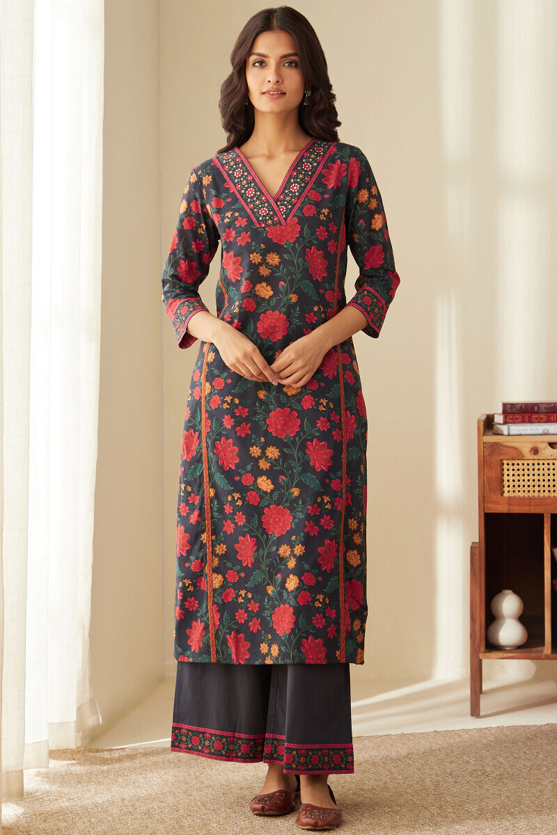 Black Printed Straight Cotton Kurta