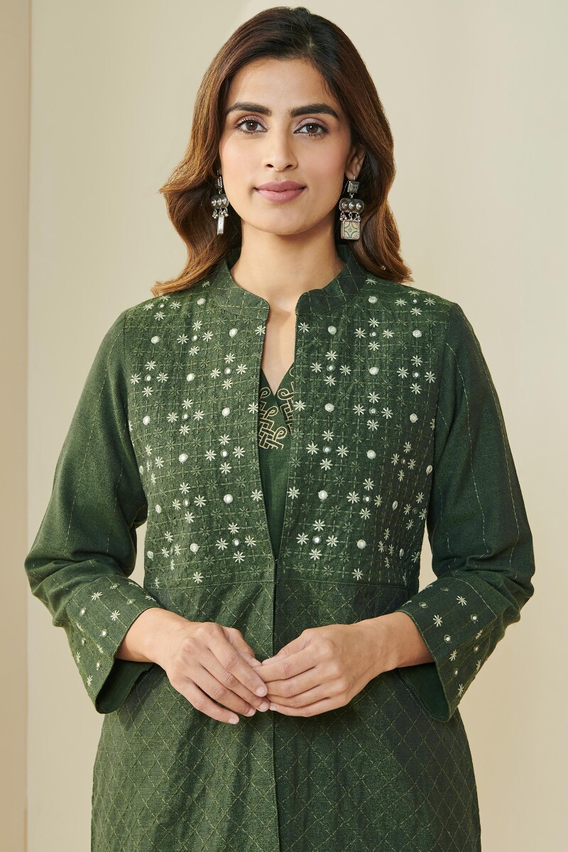 Green Handcrafted Handloom Long Jacket