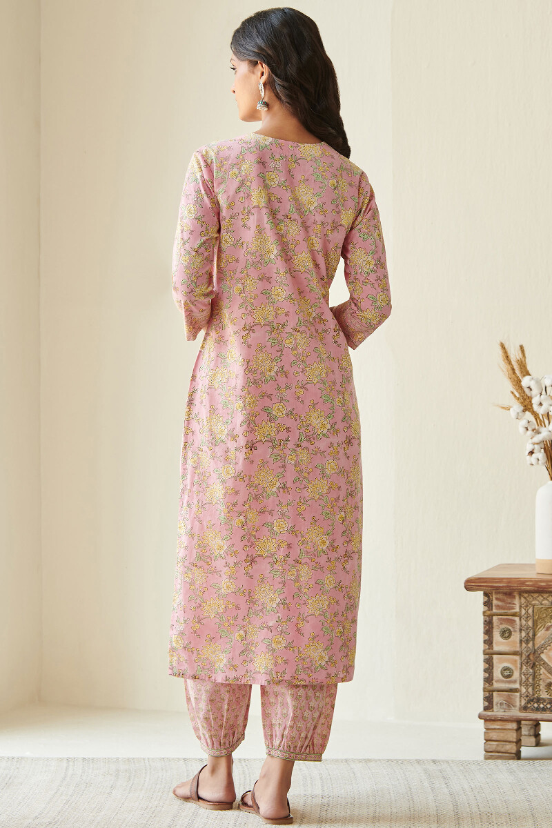 Pink Hand Block Printed Straight Cotton Kurta