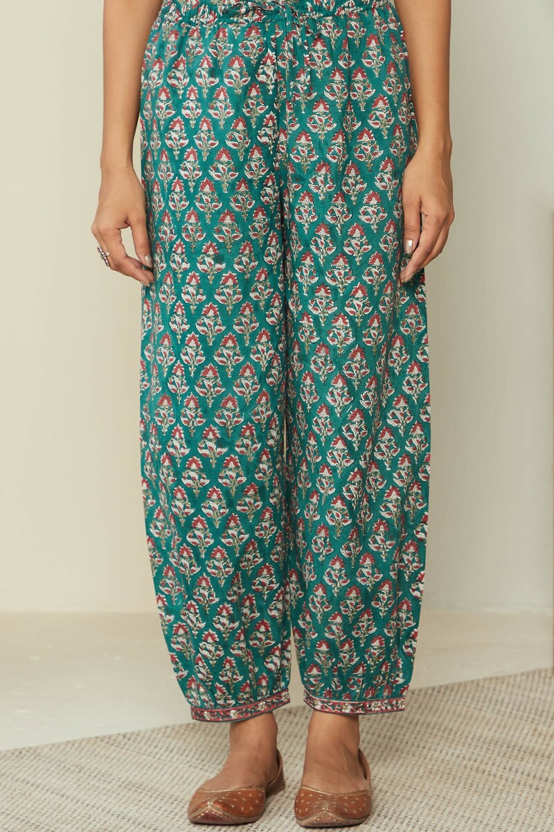 Green Block Printed Cotton Izhaar Pants