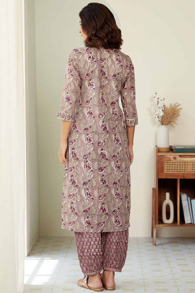 Brown Hand Block-Printed Straight Cotton Kurta