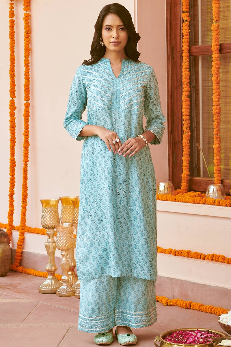 Blue Hand Block-Printed Straight Viscose Kurta