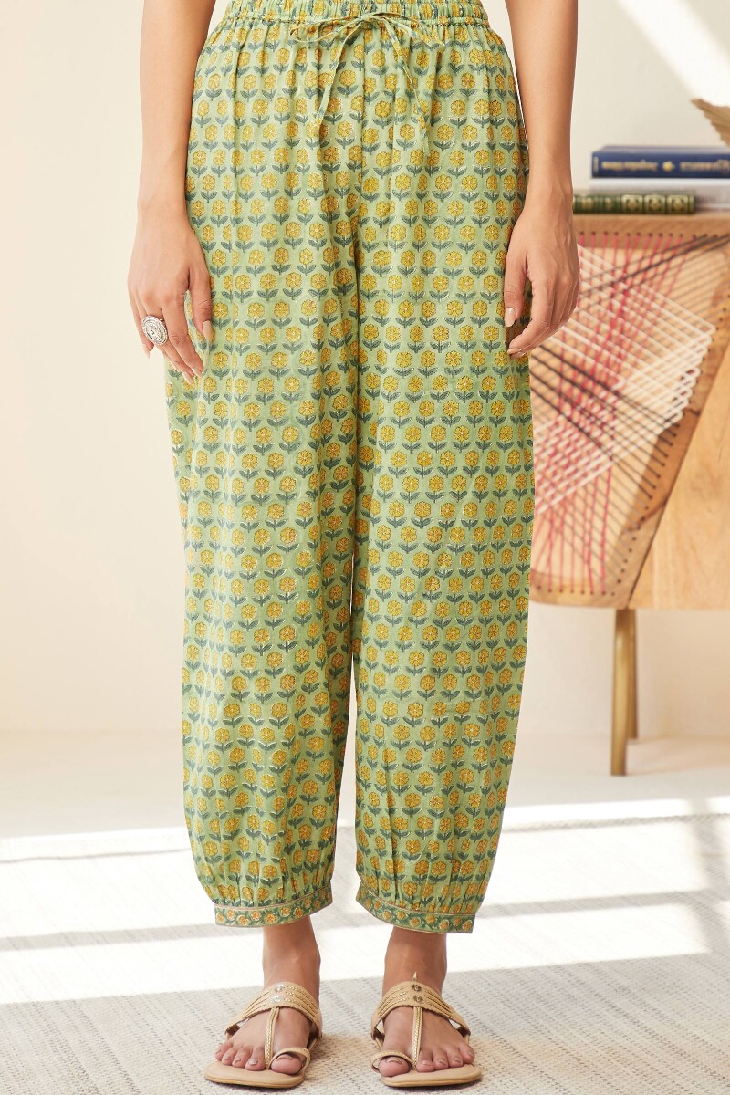 Green Hand Block-Printed Cotton Izhaar Pants