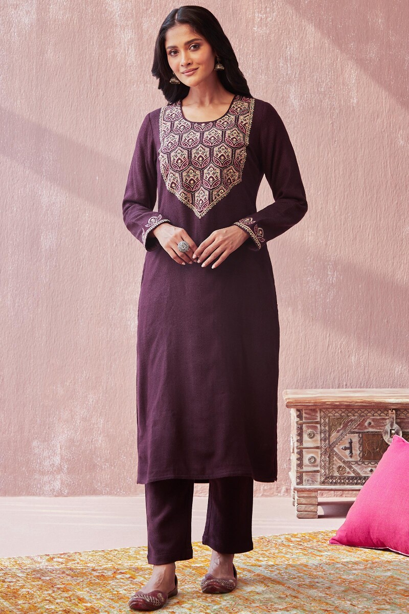 Purple Handcrafted Straight Faux Wool Kurta