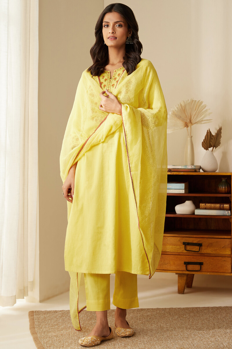 Yellow Handcrafted Straight Cotton Flax Kurta