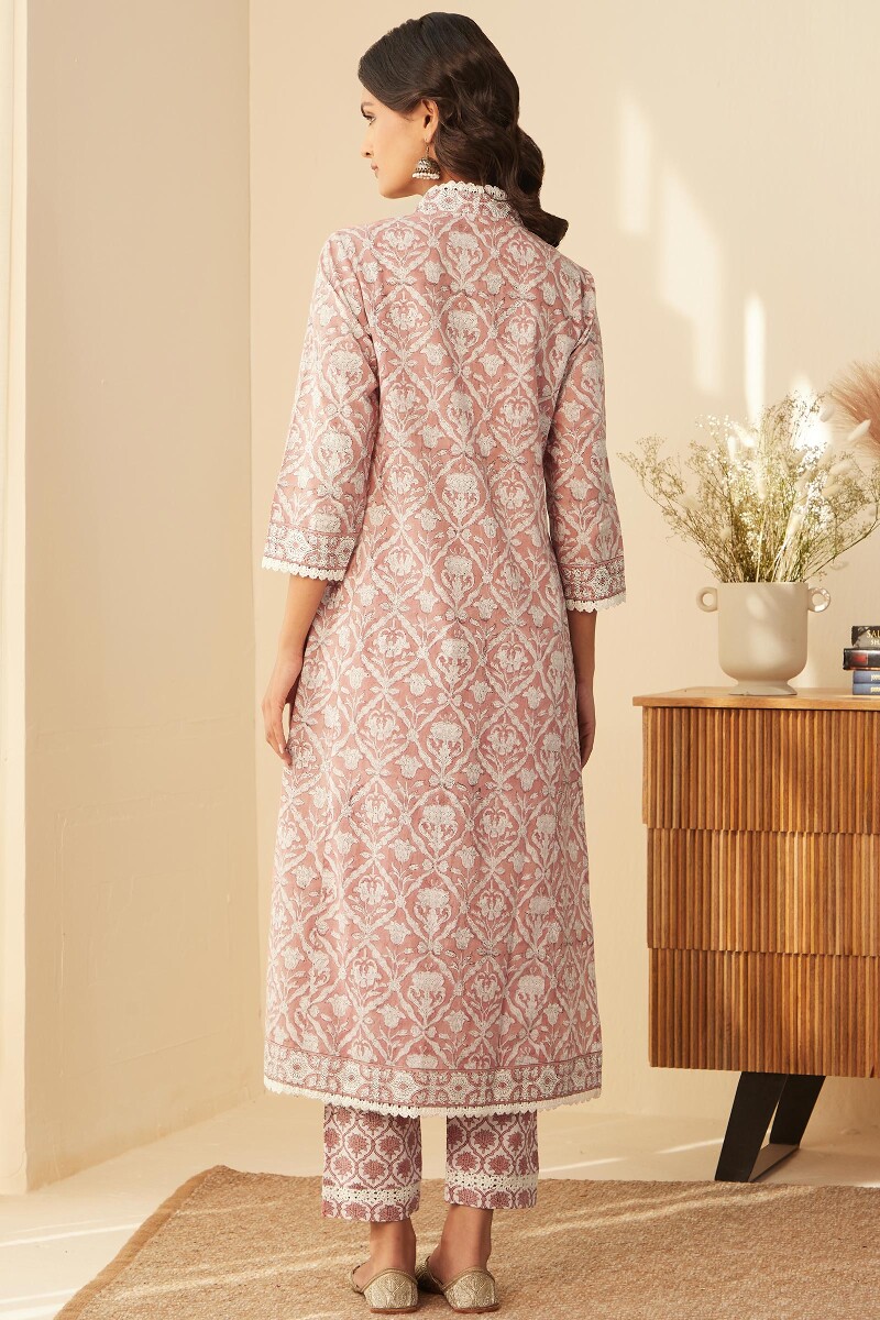 Pink Hand Block-Printed Straight Cotton Kurta