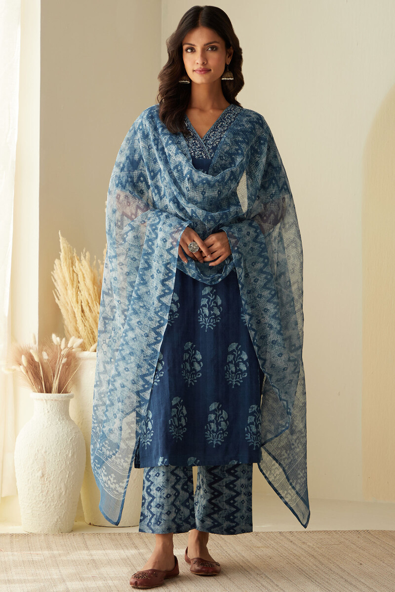 Akola Hand Block-Printed Straight Cotton Dobby Kurta